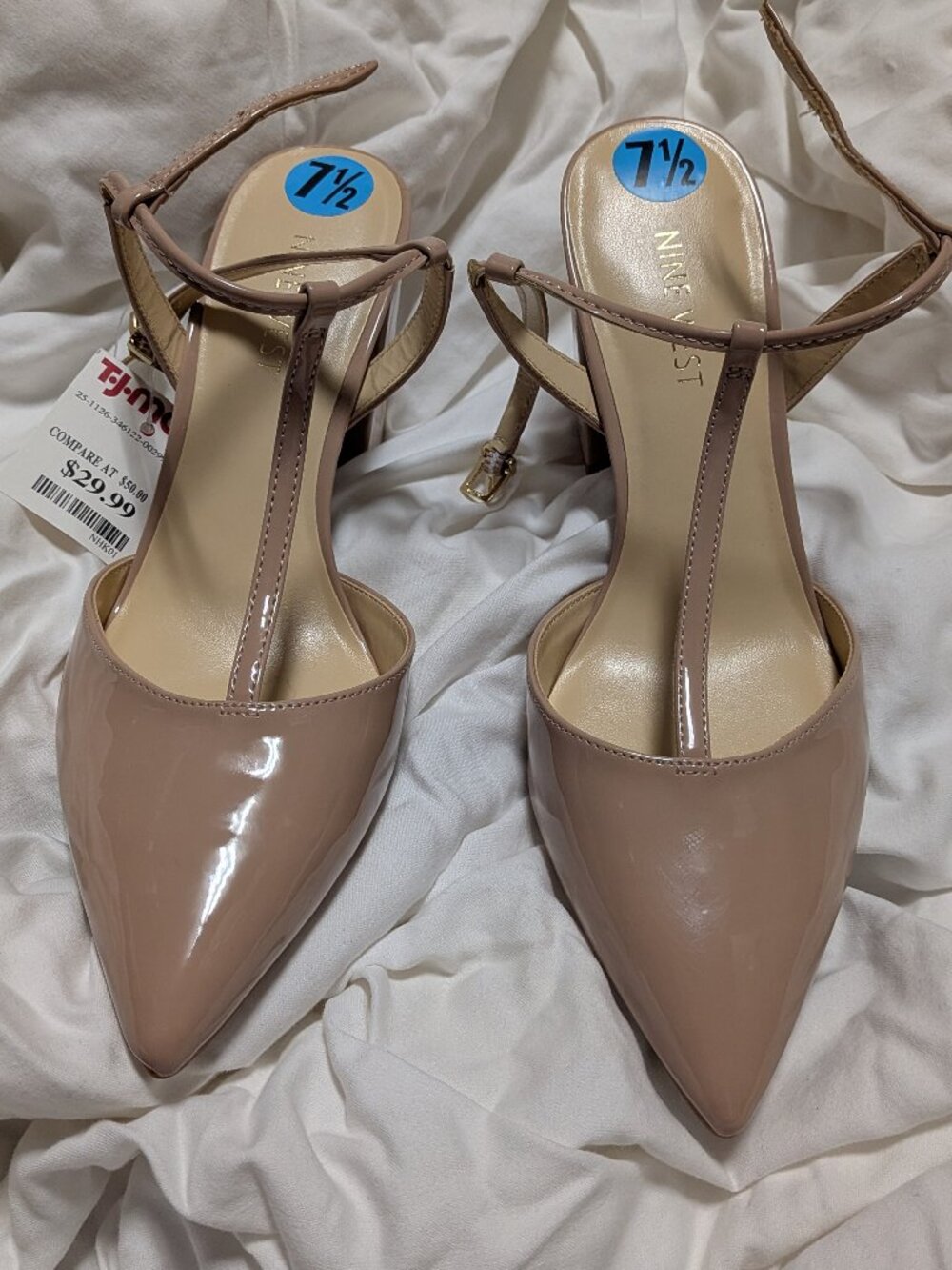 Nine West T-Strap Block Heel Pumps | Blush Nude Patent | 7.5